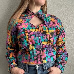 Vtg Banjo Colorful Geometric 90s Western Shirt ButtonUp Collar Cut Outs Sz Large
